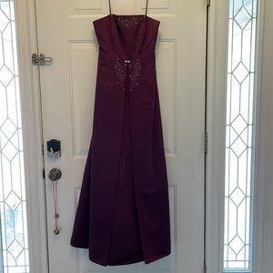 Sleeveless, burgundy satin Michelangelo gown with embroidery and beading, size 8